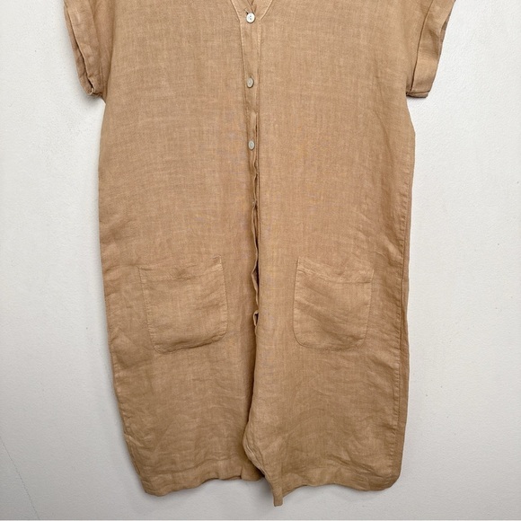 Made In Italy Womens Medium Linen Vneck Button Tan Romper - Picture 7 of 12